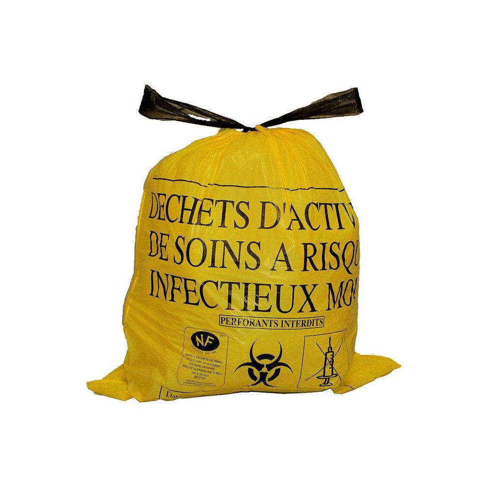 Sac DASRI jaune réglementaire utilisé par Nettoyage Après Décès Paris pour les déchets d'activités de soins à risques infectieux